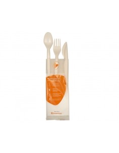Tris posate biodegradabili in Mater-Bi® (Forchetta + Cucchiaio + Coltello  + Salvietta) (500 pz)